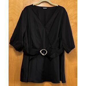 BloomChic Womens Plus Size Surplice Neckline Peplum Top Belt Band Black Sz 18-20